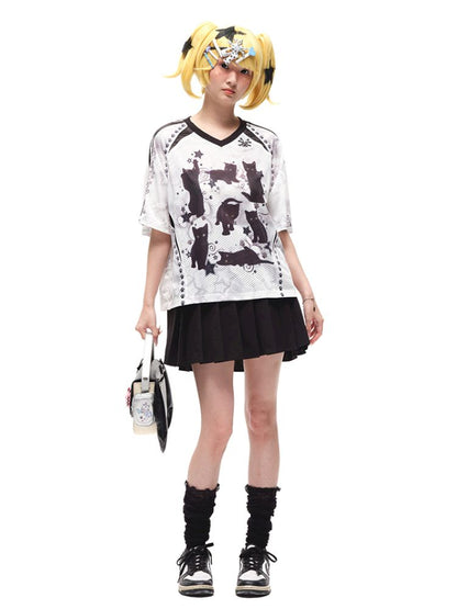 Black cat print shoulder sleeve t-shirt【s0000012586】