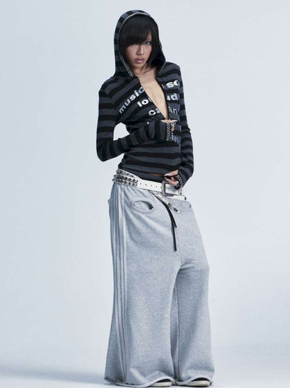 Black Gray Striped Stud Top Set【s0000014667】