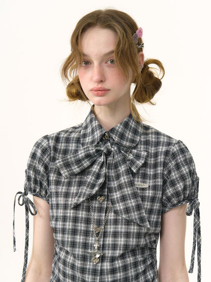 Doll Collar Bow Plaid Short Sleeve Shirt【s0000012264】