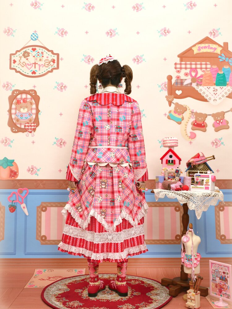 Red Pink Check Lace Skirt Blazer【s0000015574】