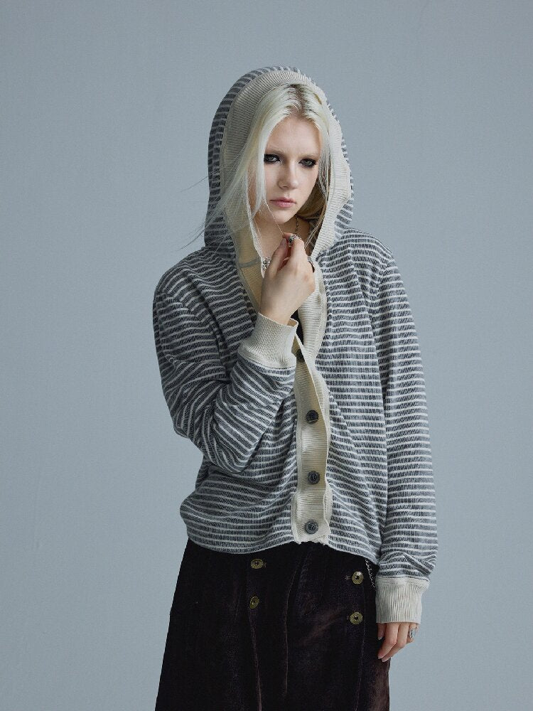 Hooded Fleece Striped Cardigan【s0000018547】
