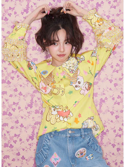 Yellow Ruffled Critter Print Shirt【s0000015032】