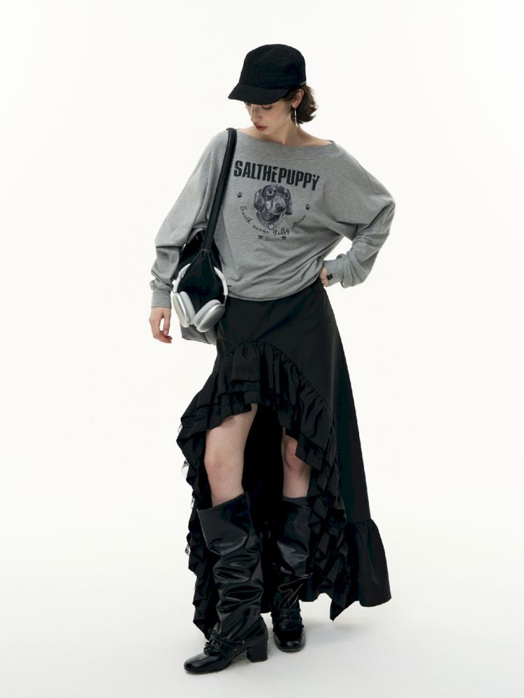 Puppy Printed Slant Shoulder Long Sleeve T-Shirt【s0000013744】