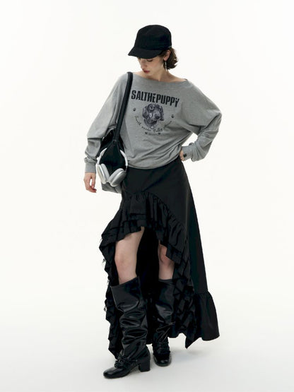 Puppy Printed Slant Shoulder Long Sleeve T-Shirt【s0000013744】