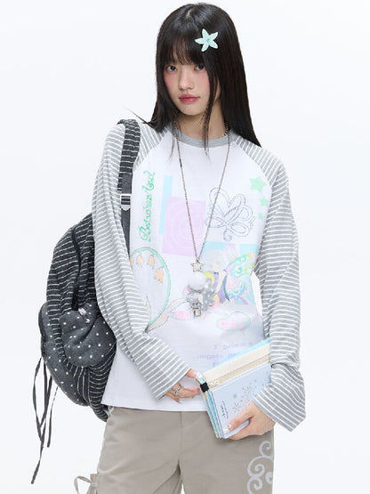 Loose Print Striped Raglan Top【s0000016378】