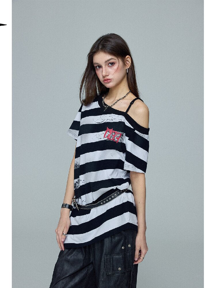 Striped Graffiti Print Loose Top【s0000016696】