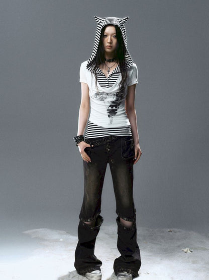 Swing Neck Striped Short Sleeve T-Shirt【s0000012807】