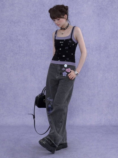 Black Purple Print Hollow Camisole【s0000016648】