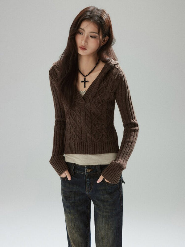 Coffee V-Neck Cropped Wool Sweater【s0000015597】