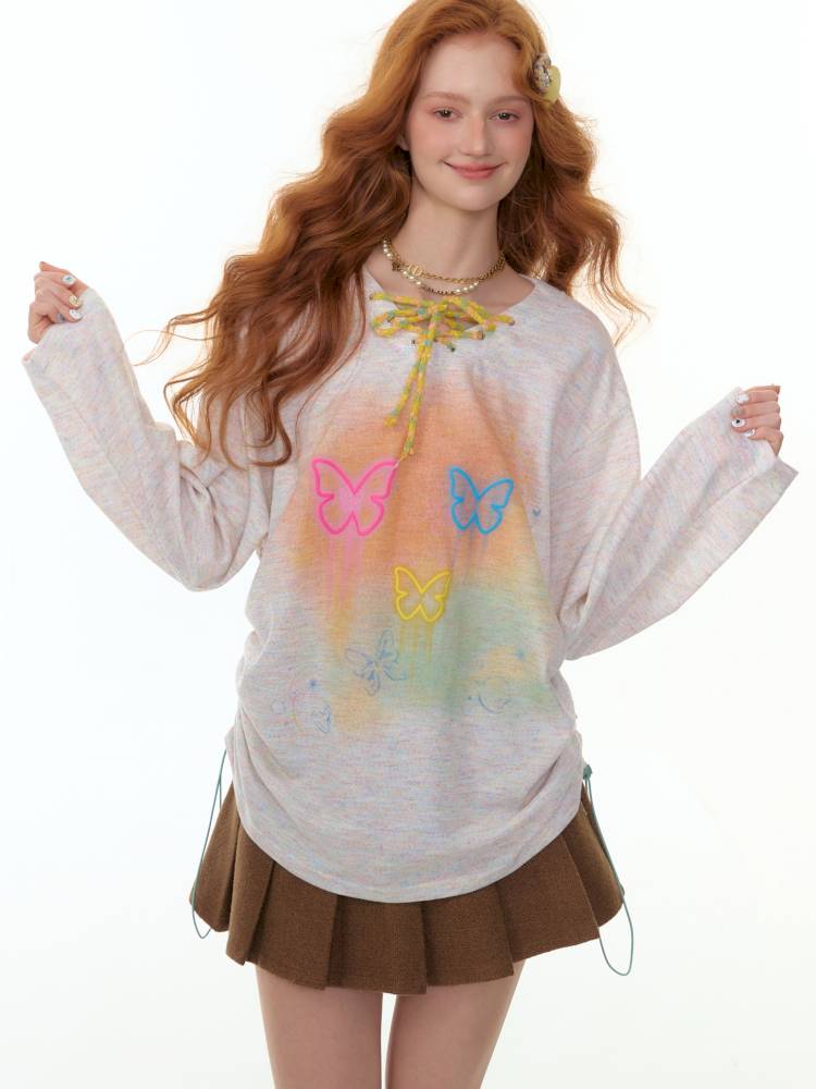 Butterfly Print V-Neck Strap Long Sleeve T-Shirt【s0000014360】