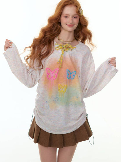 Butterfly Print V-Neck Strap Long Sleeve T-Shirt【s0000014360】