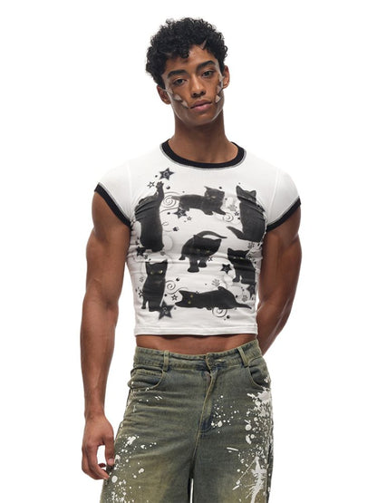 Black Cat Print Short Sleeve T-Shirt【s0000012587】
