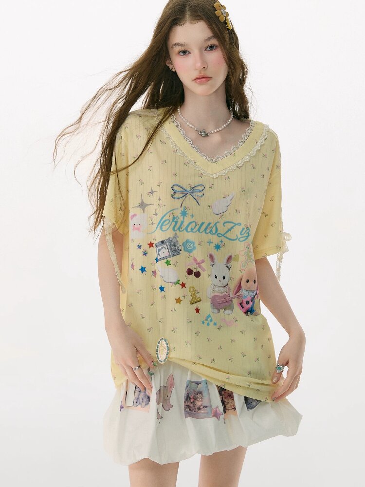 Childlike Cartoon Lace Floral T Shirt【s0000017156】