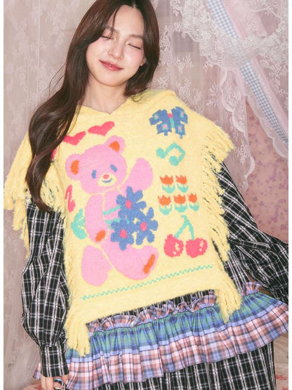 Yellow Bear Knit Shawl Tassel Hooded Cape【s0000014821】