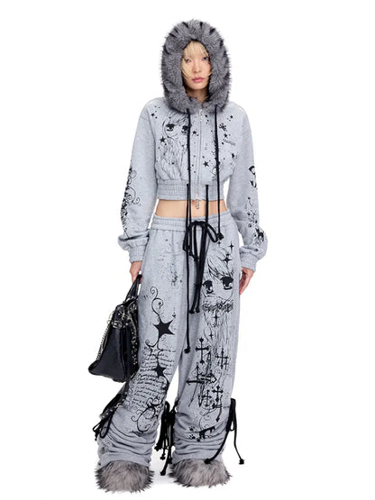 Angel Girl Doodle Print Short Hoodie【s0000014090】