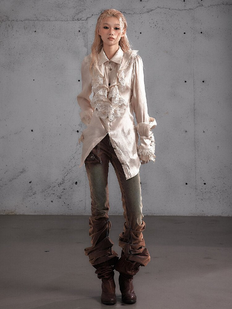 Ruffled Lace Satin Silk Shirt【s0000019157】