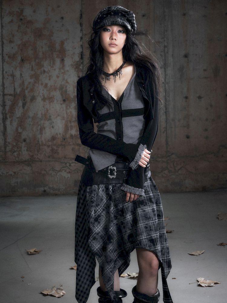 Hooded False Two Black Gray Knit Cardigan【s0000013890】