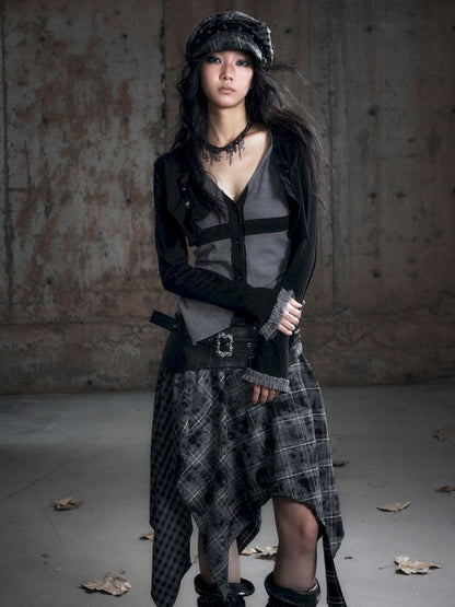 Hooded False Two Black Gray Knit Cardigan【s0000013890】