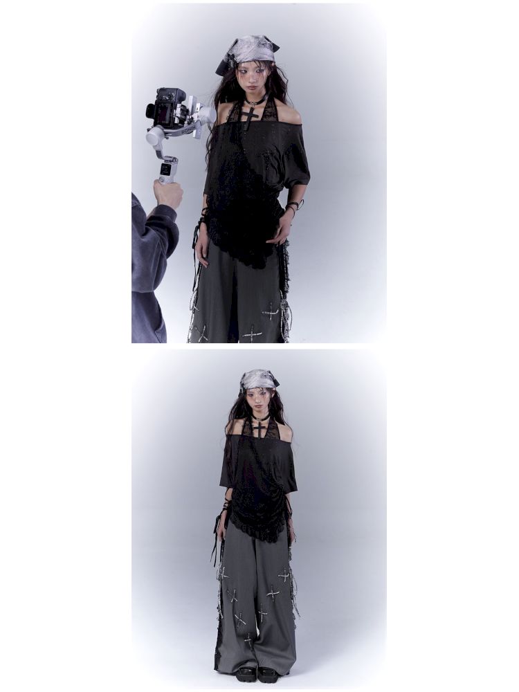 Lazy style rhinestone black T-shirt【s0000012844】