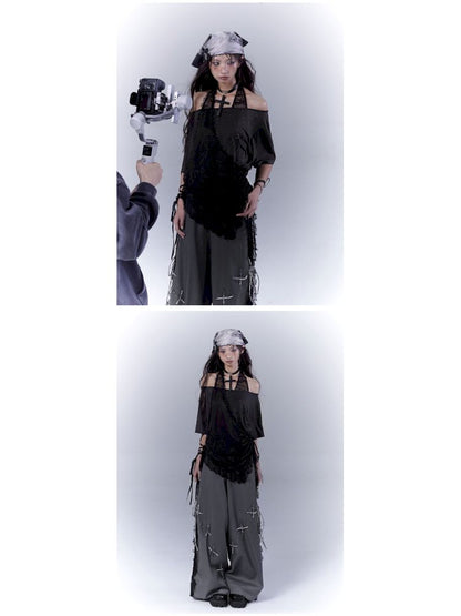 Lazy style rhinestone black T-shirt【s0000012844】