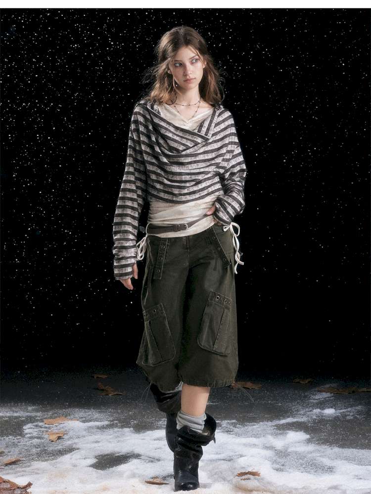 Striped Distressed Hooded Top【s0000014674】