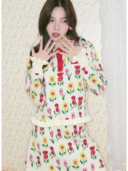 Cartoon Flower Knit Skirt Set【s0000014503】