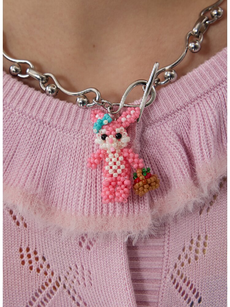 Handmade Pink Beaded Bunny Necklace【s0000016188】