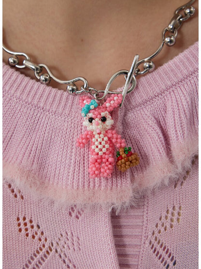 Handmade Pink Beaded Bunny Necklace【s0000016188】