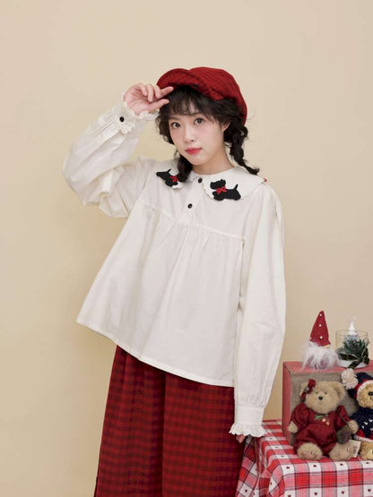 Puppy Bow Embroidery Lace Shirt【s0000015099】
