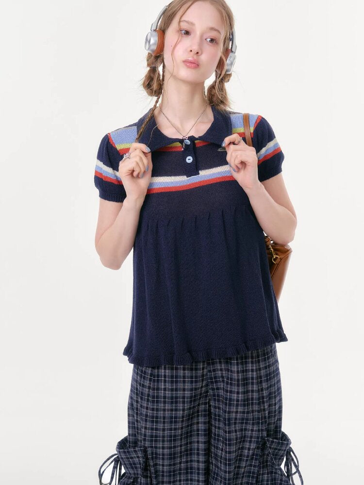 Doll Collar Knitted Slim T-Shirt【s0000016609】