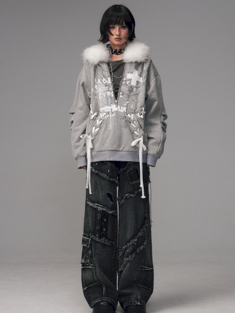 Tie-Front Printed Half-Zip Hoodie【s0000014452】