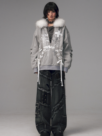 Tie-Front Printed Half-Zip Hoodie【s0000014452】