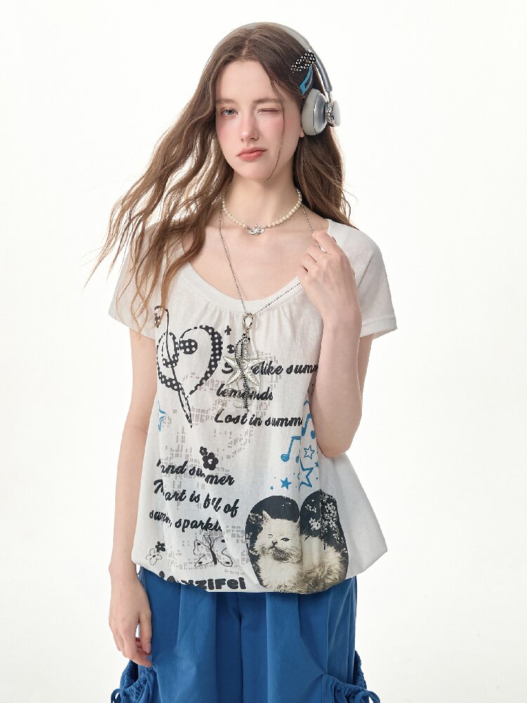 Summer Cat Print Short Sleeve T Shirt【s0000017255】