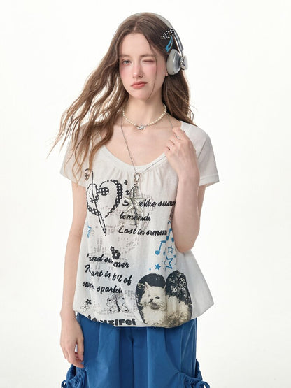 Summer Cat Print Short Sleeve T Shirt【s0000017255】
