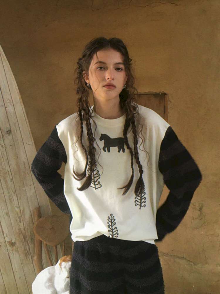 Striped Patchwork Pony Print T-Shirt【s0000014899】