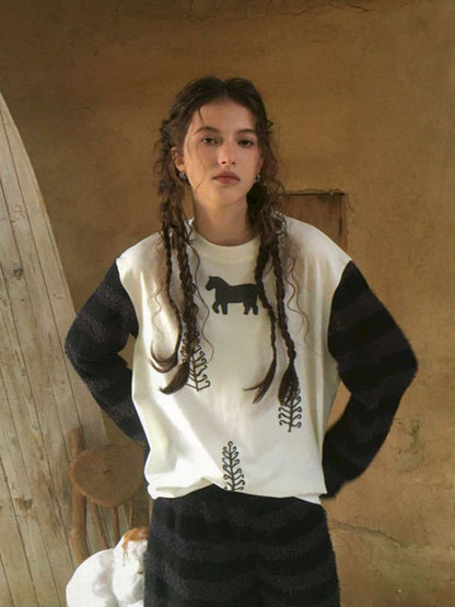 Striped Patchwork Pony Print T-Shirt【s0000014899】