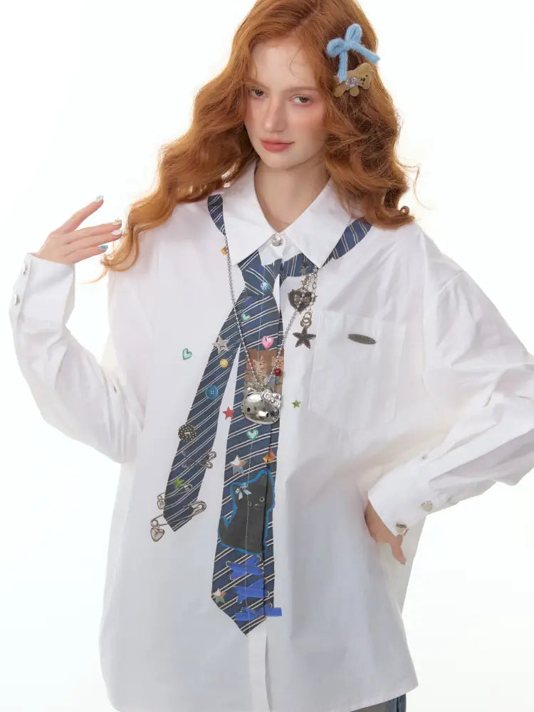 Loose tie print white long sleeve shirt【s0000014350】