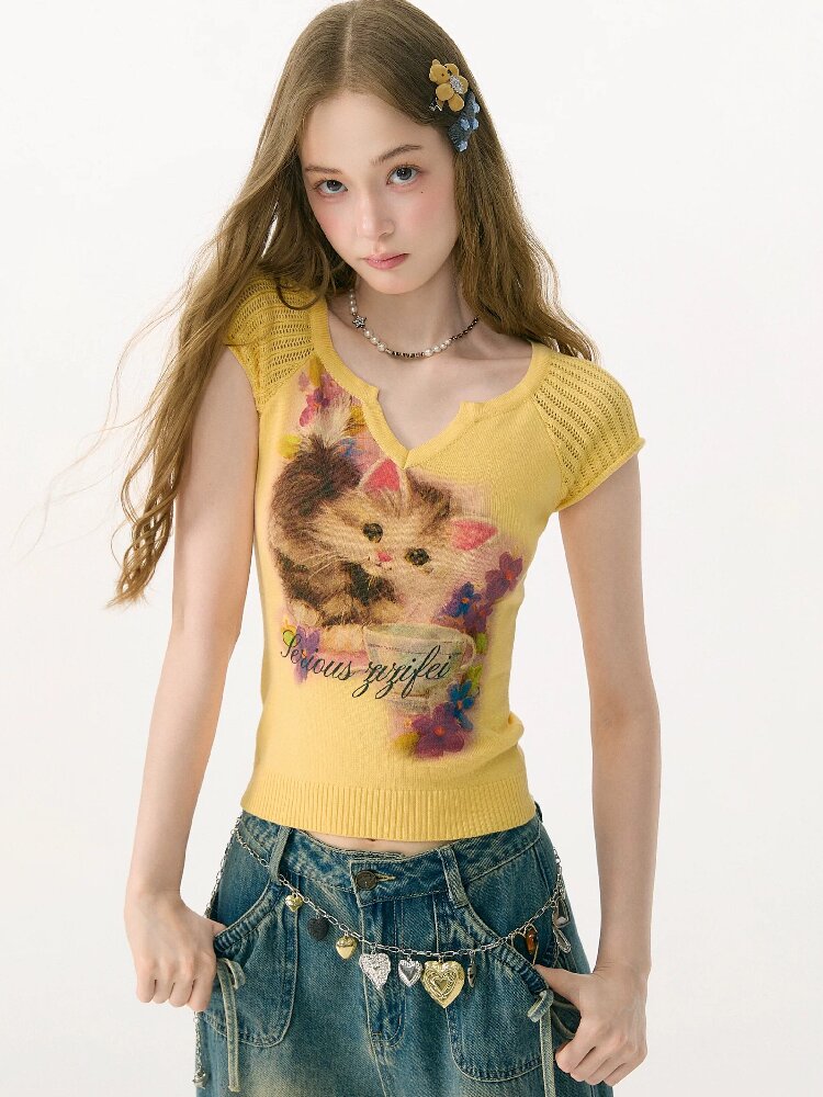 Warm Yellow Cat Print Knitted T-Shirt【s0000017148】