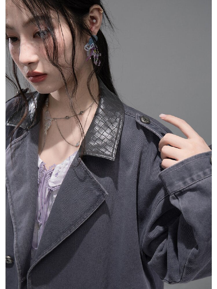 Ink Gray Leather Washed Denim Jacket【s0000015741】