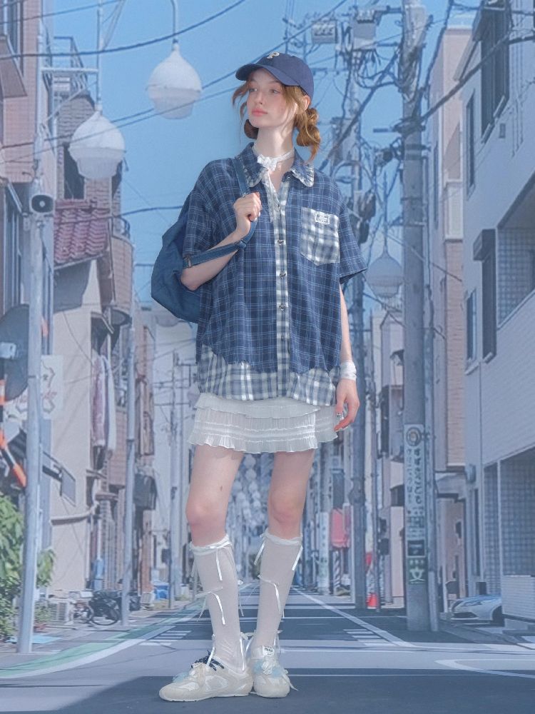 Plaid Patchwork Short Sleeve Shirt【s0000012230】
