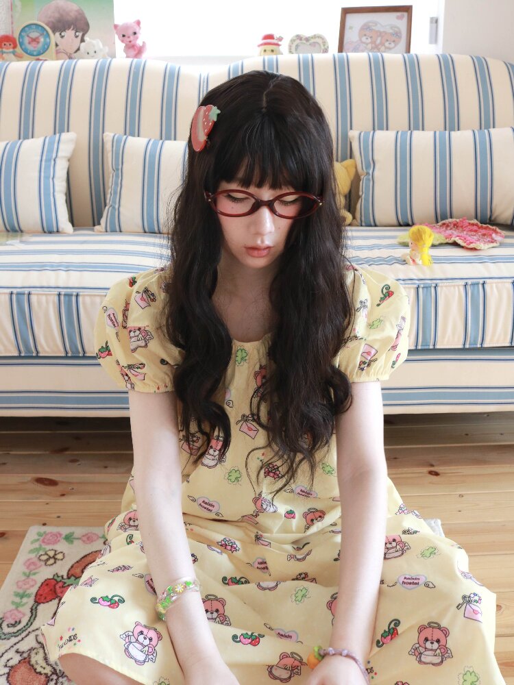 Bear Print Puff Sleeve Long Dress【s0000017512】