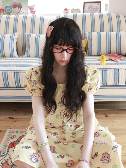 Bear Print Puff Sleeve Long Dress【s0000017512】