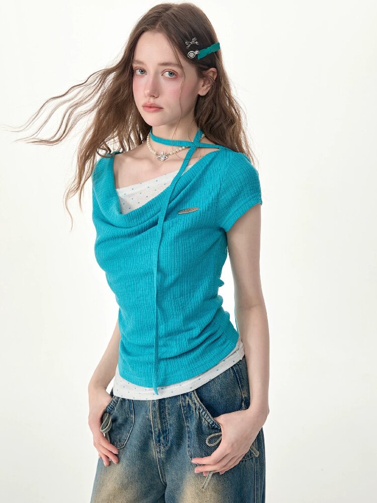 Blue Ripples Patchwork Short T Shirt【s0000017268】
