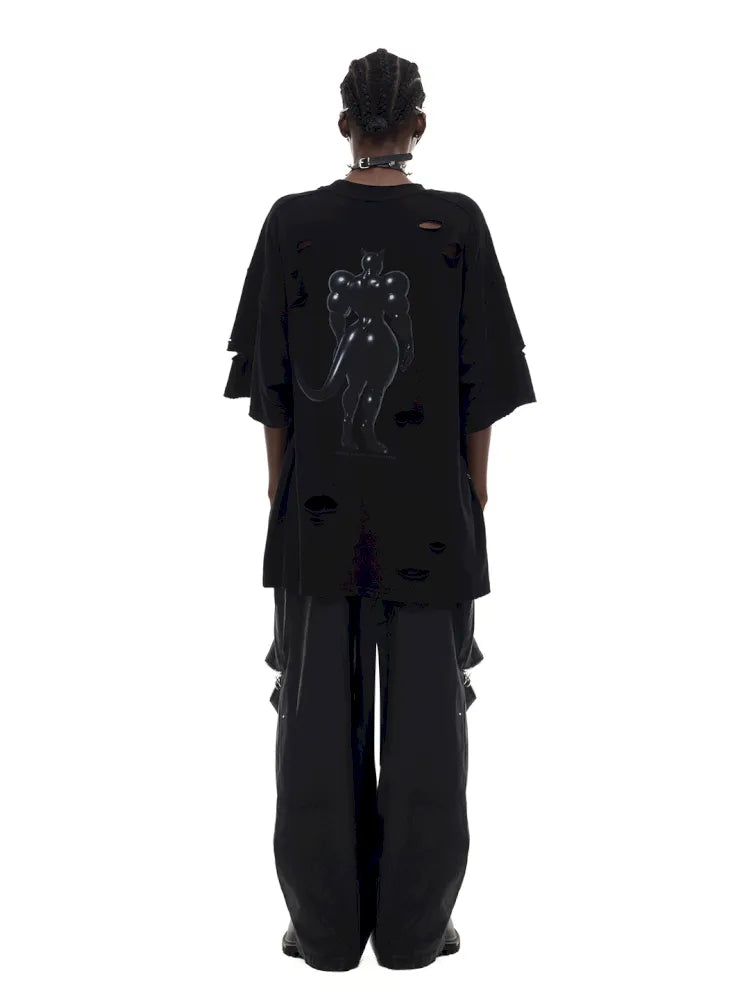 Cat Print Distressed T-Shirt with Drawstring Waist【s0000014018】