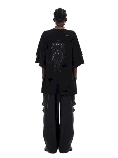 Cat Print Distressed T-Shirt with Drawstring Waist【s0000014018】