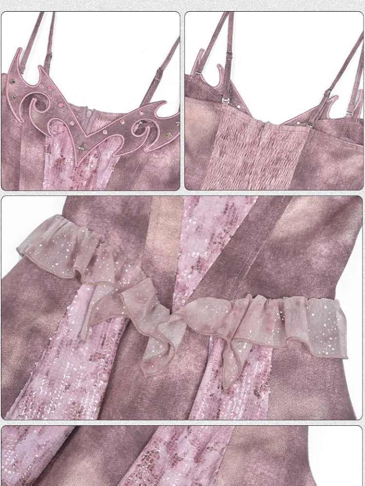 Embroidered Sequins Denim Girl Punk Style Slip Dress【s0000014023】