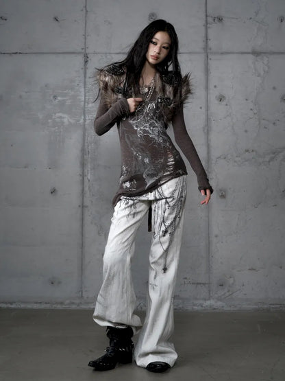 Denim Distressed Wide-Leg Pants【s0000013949】