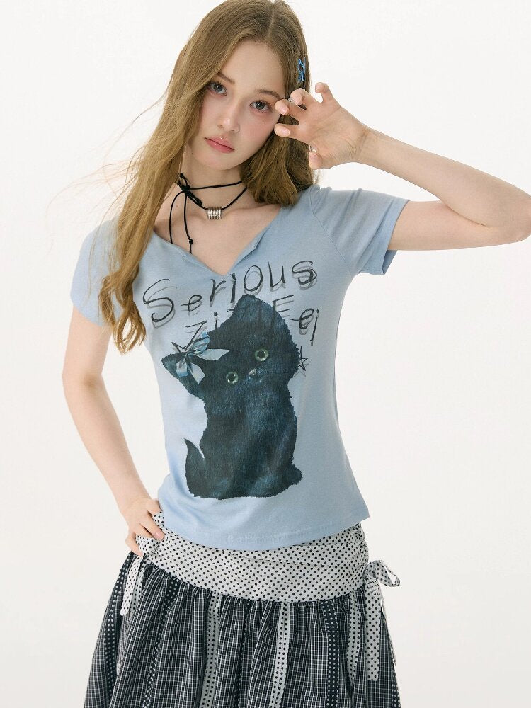 Vneck Cat Print Short Sleeve T Shirt【s0000017158】