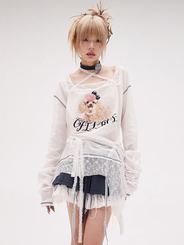 Poodle Print Lace Up Long Sleeve Top【s0000008220】