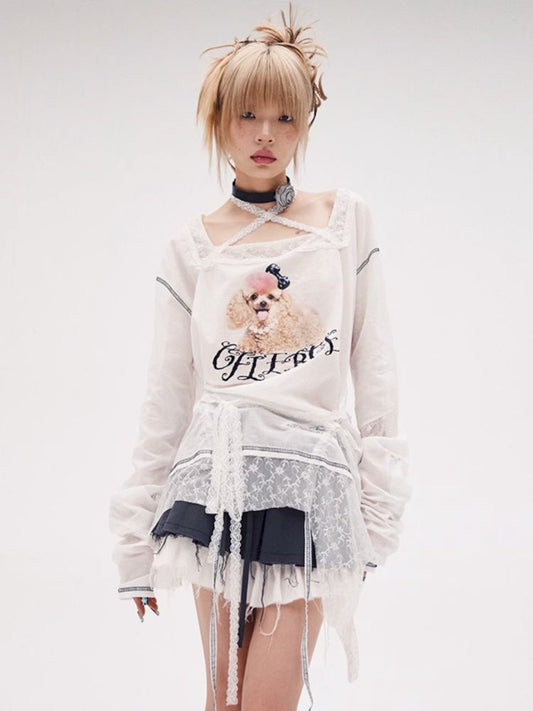 Poodle Print Lace Up Long Sleeve Top【s0000008220】